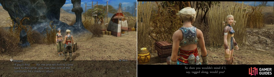 Talk to Masyua near the dark crystal and she&rsquo;ll off you a job by which you can earn a Sunstone (left). Penelo will stop you as you leave the Nomad Village and insist on joining you (right).