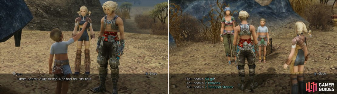 After charging the Sunstone, you&rsquo;ll return to Jinn (left) then take him back to the Nomad Village where you&rsquo;ll get a reward (right).