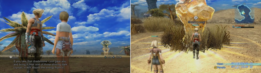 Find Jinn in the Crystal Glade area, where you&rsquo;ll find Jinn (left). After he gives you a Shadestone and tells you want to do - find the dark crystals aound the Giza Plains and use them to create a Sunstone (right).