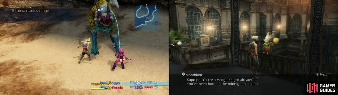With Penelo backing you up, Thextera shouldn&rsquo;t be too much to handle (left). After defeating Thextera, return to Montblanc to earn a reward (right).
