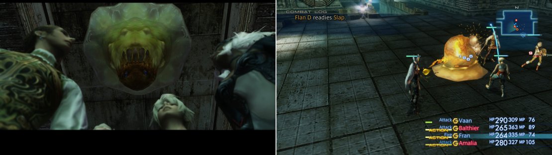 In a suspiciously-large area you&rsquo;ll be ambushed by some Flans (left). Fran&rsquo;s Fire magick will make quick work of them (right).