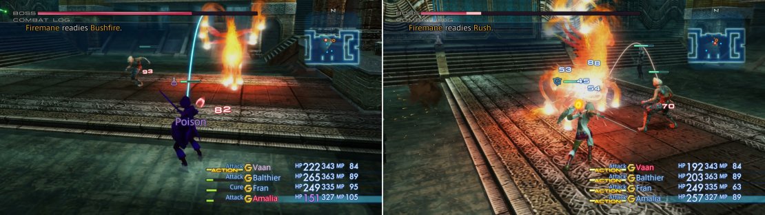 Firemane&rsquo;s Bushfire attack deals heavy damage and inflicts Poison (left). The fiery ghost-steed can be cut down easily enough, although you&rsquo;ll find the task easier if you lure it into water (right).