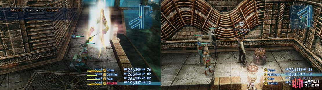 Ghosts have the annoying habit of teleporting when you&rsquo;re about to attack (left). Endure them and other foes and plunder chests as you work through the sewers (right).