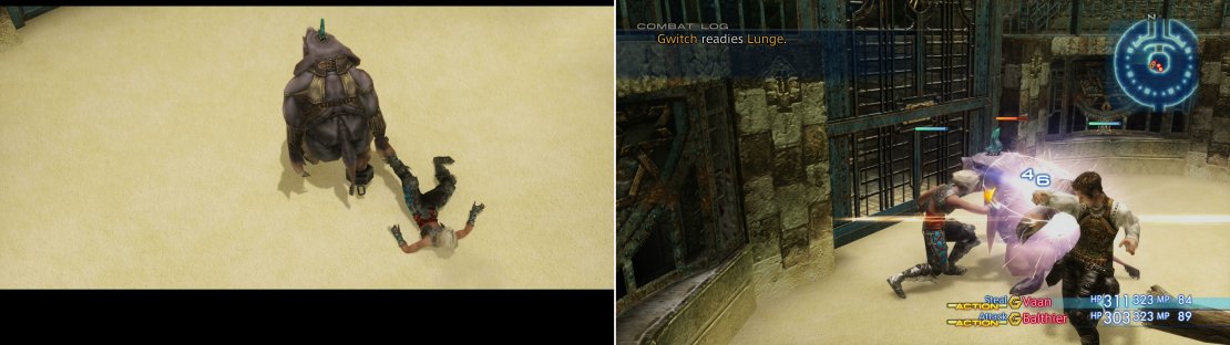 Vaan&rsquo;s first day in prison doesn&rsquo;t get off to a good start (left), but fortunately Balthier will show up and help you fight off your attackers (right).