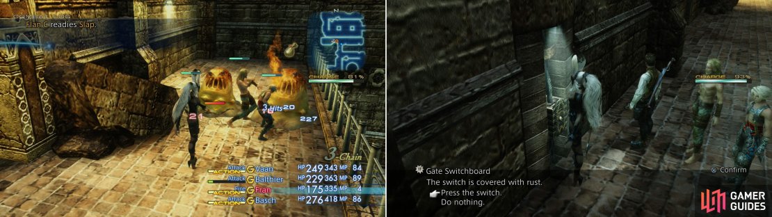 More Flans - now normal enemies - lurk in Barheim Passage, but Fran&rsquo;s Fire magick works just as well here as in Garamsythe (left). Flip a switch to open another gate (right).