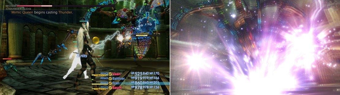 It should be no surprise that the Mimic Queen will utilize electricity, given the appetite of their children (left). When pressured she&rsquo;ll use her potent Shockstorm attack (right).