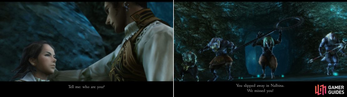 Lamont&rsquo;s activities late in the mine provoke Balthier&rsquo;s suspicion (left), but fortunately for the deceptive youth, Ba&rsquo;Gamnan interrupts the interrogation (right).