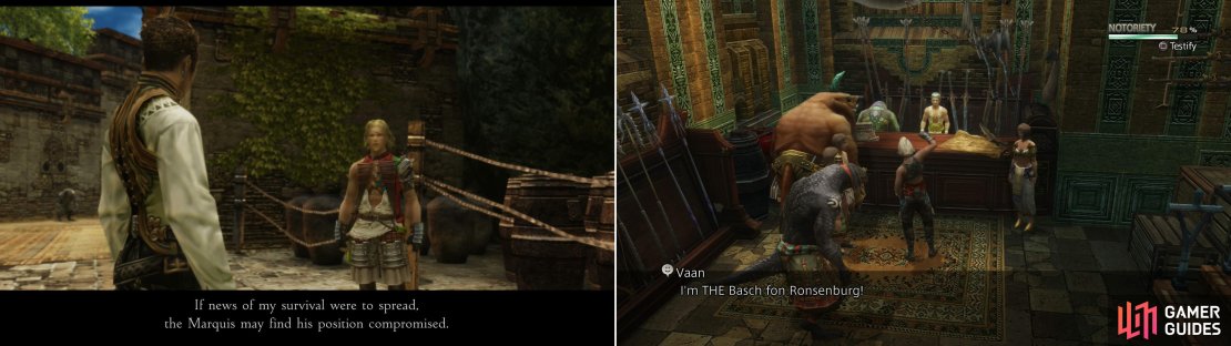 Balthier and Basch will conspire to get an audience with Ondore (left) for which purpose they&rsquo;ll employ Vaan to cause a commotion (right).