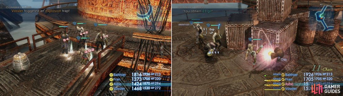 There are plenty of traps in the Ogir-Yensa Sandsea, so keep vigilant with Libra (left). Traps aren&rsquo;t the only threat, however, as the Urutan Yensa are hostile to all outsiders (right).