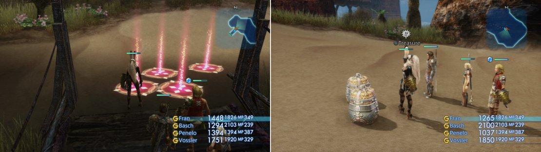 Navigate a group of traps (left) and you&rsquo;ll be able to plunder the area beyond for some relatively potent gear (right).