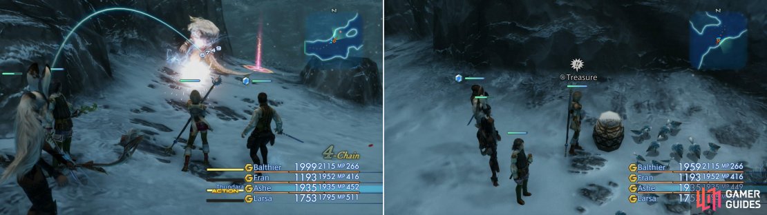 Don&rsquo;t let its size fool you, the Yeti can be brought down by Lightning just like most foes in the Paramina Rift (left), speaking of which, be sure to grab the Storm Spear out of the urn so your Uhlan can contribute (right).