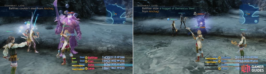Anchag might be powerful, but he&rsquo;s also susceptible to Sleep (left). Use this to your advantage and neutralize hit attacks while you steal Damascus Steel from him (right).