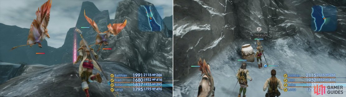 In the Spine of the Icewyrm area you&rsquo;ll have to pass a trapped stone bridge guarded by Garuda-Egi (left), beyond which you&rsquo;ll find an urn with the Revive magick inside (right).