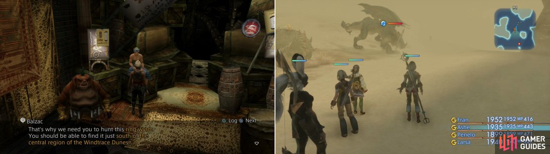 Speak to Balzac in Lowtown to learn about his Mark, the Ring Wyrm (left). You&rsquo;ll find Ring Wyrm in the Windtrace Dunes zone, as long as there&rsquo;s a sandstorm active (right).