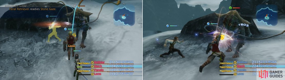 Like all Coeurl-type enemies, Feral Retriever will attempt to inflict a variety of status effects on the party (left). Despite that, he can easily be over-powered if you&rsquo;ve been doing even a little work to keep your gear current (right).
