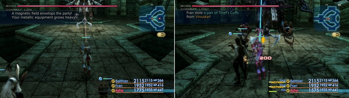 During the battle with Vinuskar you&rsquo;ll be hampered by a &ldquo;magnetic field&rdquo; (left), but don&rsquo;t let this dissaude you from stealing another pair of Thief&rsquo;s Cuffs from him (right).