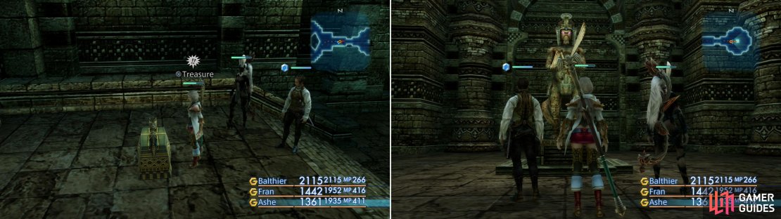 Be sure to grab the Sage&rsquo;s Ring from a chest after the battle with Vinuskar (left), then manipulate the last Stone Brave (right).