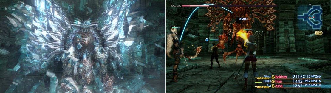 Once sufficiently injured, Vinuskar will start using his Sword Dance attack (left), but despite his last-gasp offense, he shouldn&rsquo;t be much of a challenge to a decently-armed party (right).