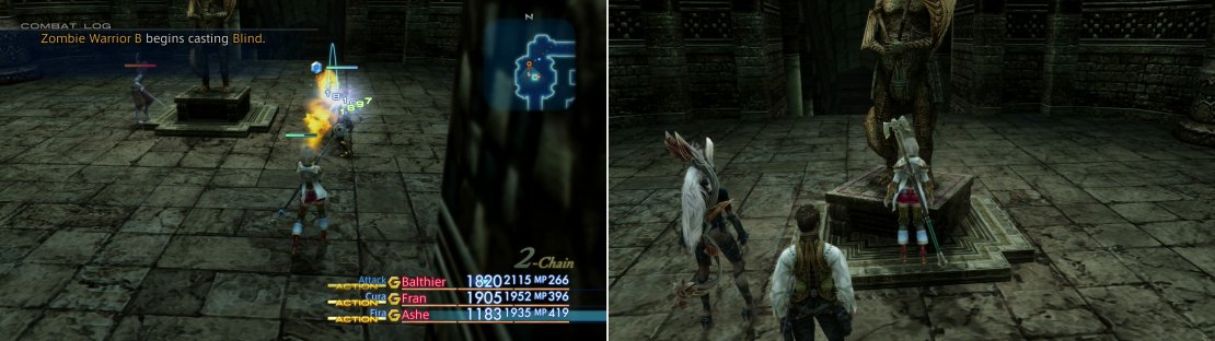 Kill the monsters around the Stone Brave (left) then rotate that statue until it&rsquo;s facing the center of the Stilshrine - the Cold Distance area, to be precise (right).