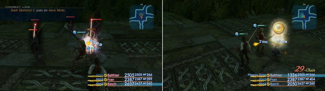 Cull the normal monsters in The Rustling Chapel area to cause the undead to rise (left), which must be killed to summon the Grave Lord. While he&rsquo;s a powerful foe, like all undead he can be clain with a single Phoenix Down (right).