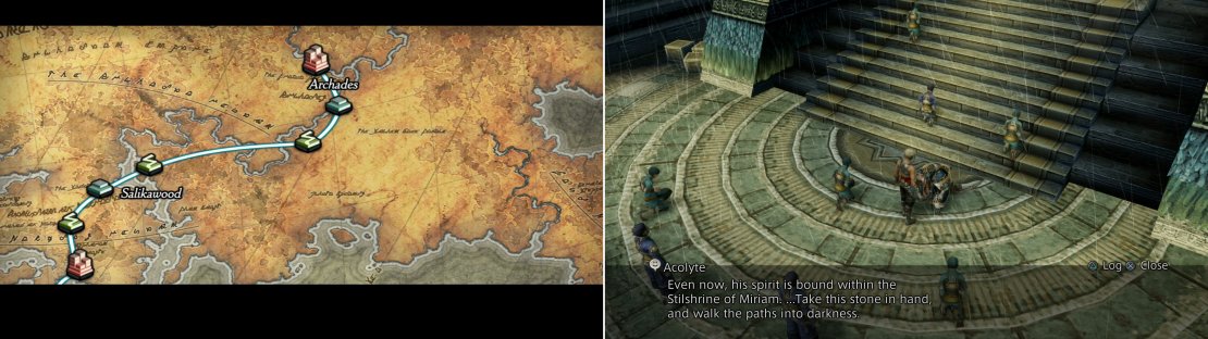 After Mt. Bur-Omisace, the party will plan a route to Archades (left). Talk to an Acolyte and he&rsquo;ll tell you of a greater trial in the Stilshrine of Miriam (right).