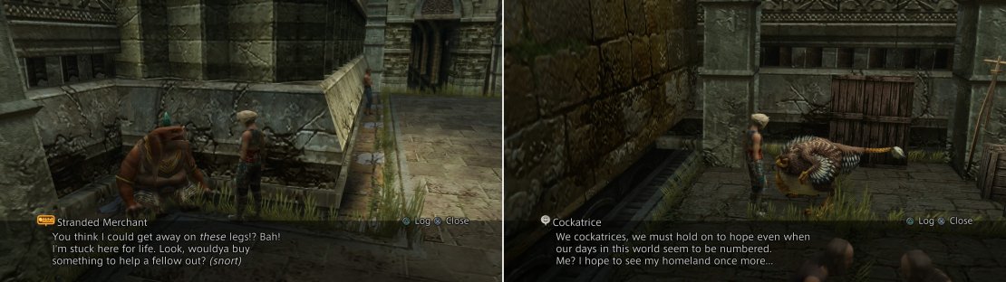 The Stranded Merchant in Old Archades doesn&rsquo;t sell much of interest, but he can give you access to the Bazaar (left). If you picked up the Feather of the Flock, you can talk to an old Cockatrice (right).