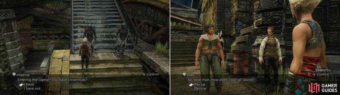 The way to Archades proper is blocked by some Imperial soldiers (left), but a steetear named Jules will offer to help you&hellip; for a price (right).