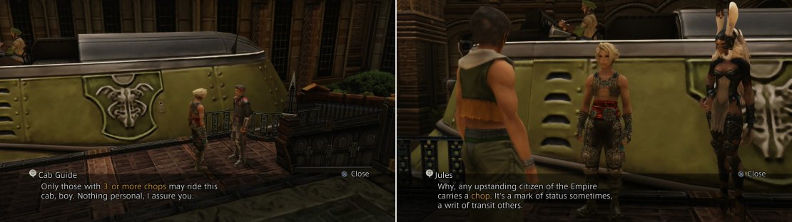 When you attempt to board the cab, you&rsquo;ll be informed that you need three Chops to ride (left). Fortunately, Jules shows up and explains how to obtain these treasures (right).