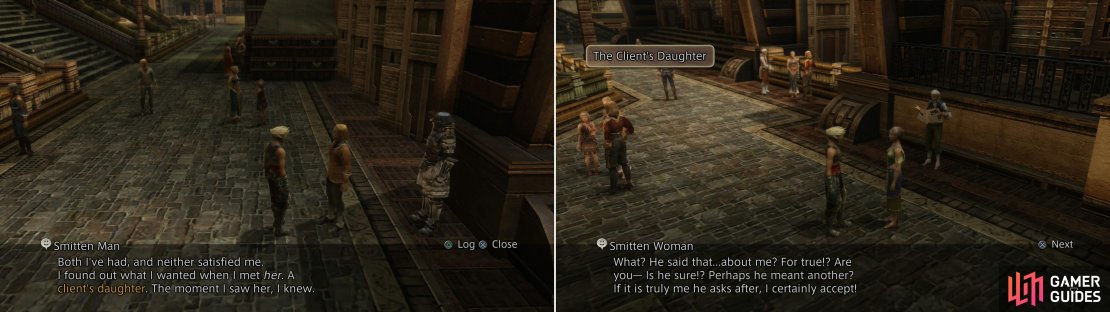 A Smitten Man dares to wonder at a possible romance with his &ldquo;client&rsquo;s daughter&rdquo; (left), and fortunately for him, the Smitten Woman shares his interest (right).