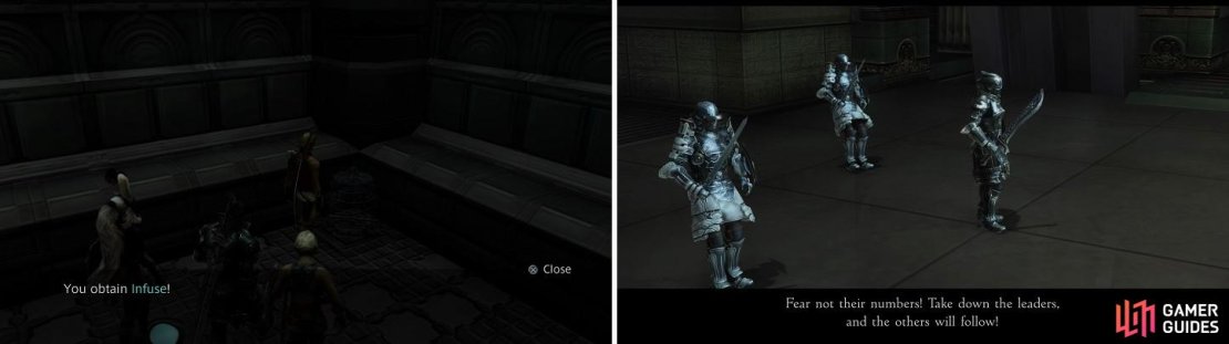Don&rsquo;t forget to pick up Infuse while on the ship (left). Take heed of the advice and defeat the Judges to make the other enemies run away (right).