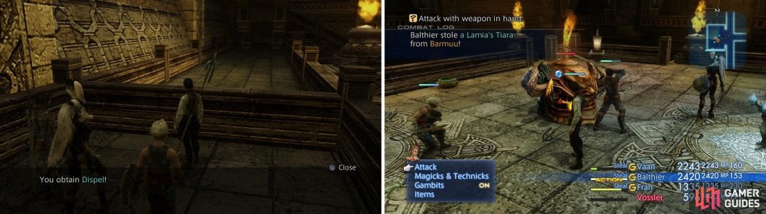 Dispel (left) is one of the more important magicks in the game. The Lamia&rsquo;s Tiara you can steal from Barmuu is a decent upgrade (right).