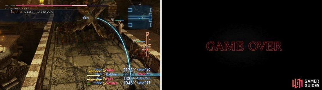 The Demon Wall can remove a party member with Telega, sending them to the X-Zone (left). If you don&rsquo;t kill it quick enough, it will smash you and cause a game over (right).