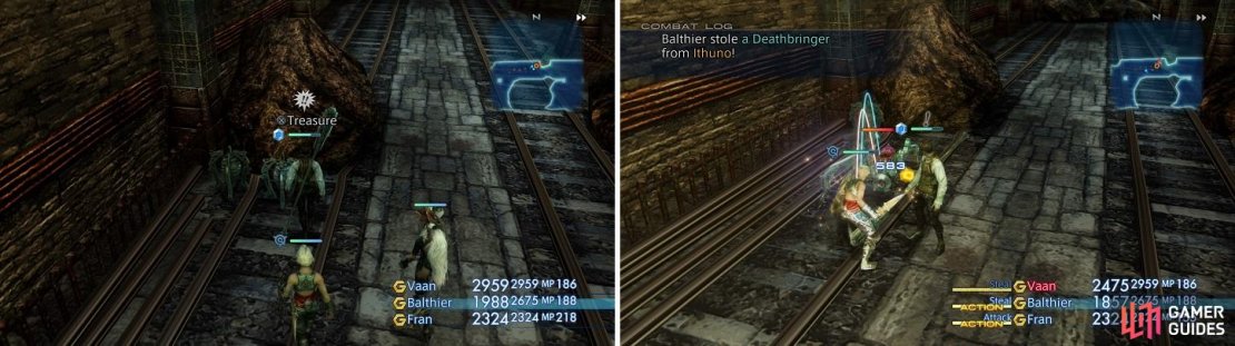 It&rsquo;s easy to tell when Ithuno has spawned, due to the chest looking different (left). The sole reason you ventured inside Barheim is to steal the Deathbringer one-handed sword (right).