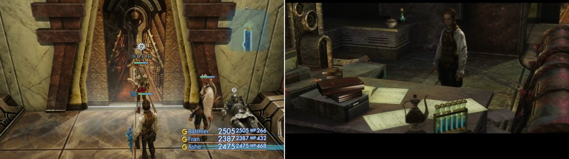 Locate the door to Doctor Cid&rsquo;s office (left) inside of which Balthier will find the Lab Access Card (right).