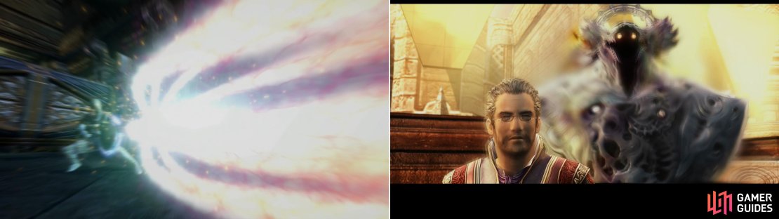 When he&rsquo;s wounded, he&rsquo;ll start using S-27 Tokamak attack (left). After being nearly-defeated, he&rsquo;ll reveal his trump card, then dare you to chase him to Giruvegan (right).