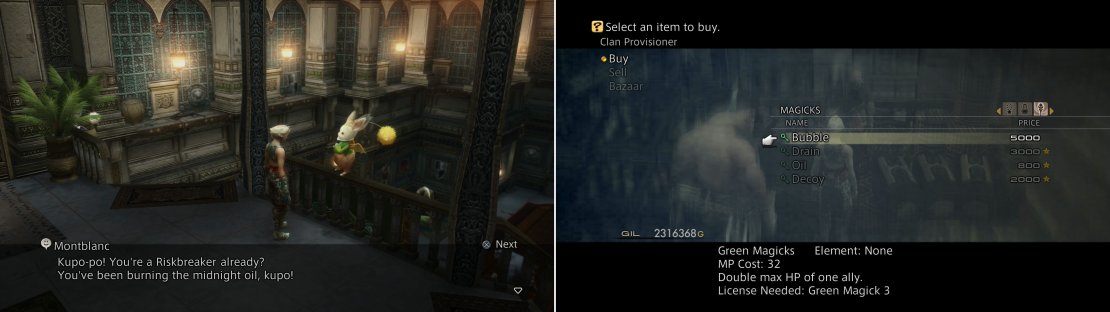 Attain the rank of Riskbreaker (left) and you&rsquo;ll be able to buy the Bubble magick from the Clan Provisioner (right).