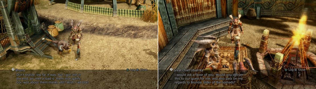 You&rsquo;ll find Shurry in Jahara (left) and after talking to the bird, chat with Great-chief Uball-Ka (right).