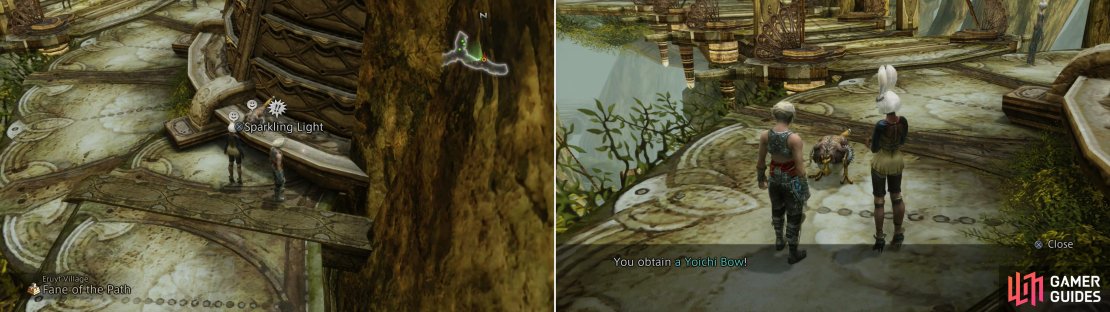 After acquiring all the aforementioned Dewdrop Pebbles, talk to Chit (left) to get the final one. Once all the Dewdrop Pebbles are collected you&rsquo;ll be rewarded with a Yoichi Bow (right).