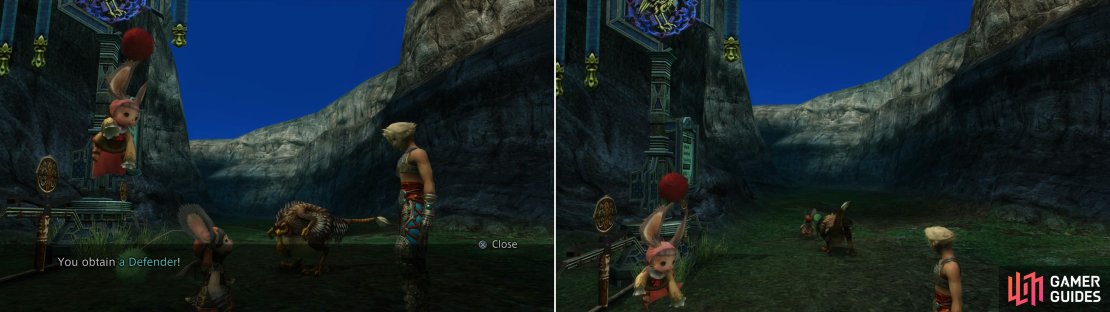 For helping the Moogle rent a Chocobo worthy of his funds you&rsquo;ll be rewarded with a Defender (left) after which the &ldquo;Chocobo&rdquo; will find that the gig isn&rsquo;t all it&rsquo;s cracked up to be (right).