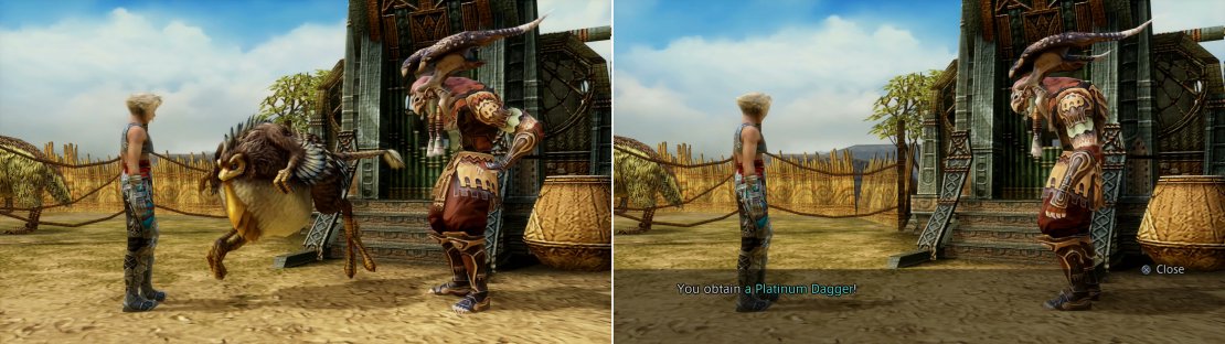 After giving the Great-chief&rsquo;s gift to Shurry, the Cockatrice wills scamper off, and the nearby Garif will give you a Platinum Dagger (right).