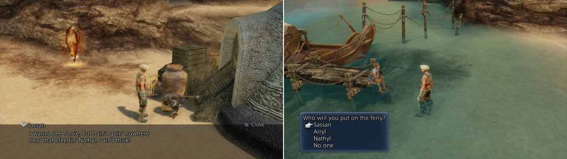 To appease Sassan you&rsquo;ll have to ferry him across the river, but the presence of the wolf, Nathyl, complicates matters (left), so you&rsquo;ll have to ferry several individuals across the river, one at a time, in the correct order (right).