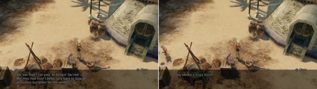 After getting across the river to his beloved, Sassan will misinterpret the situation (left), but you&rsquo;ll get a Koga Blade for your trouble (right).