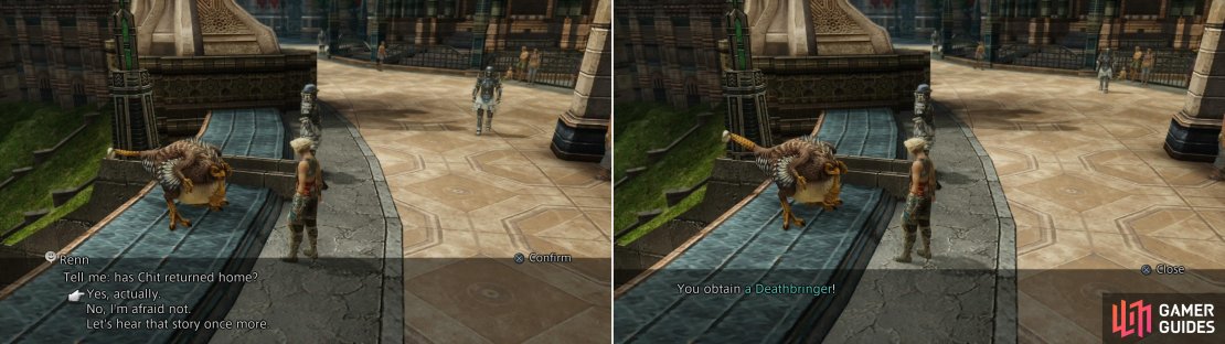 If you&rsquo;ve completed Chit&rsquo;s sidequest, tell him so and hell head back to the Giza Plains (left), but not before rewarding you with a Deathbringer (right).