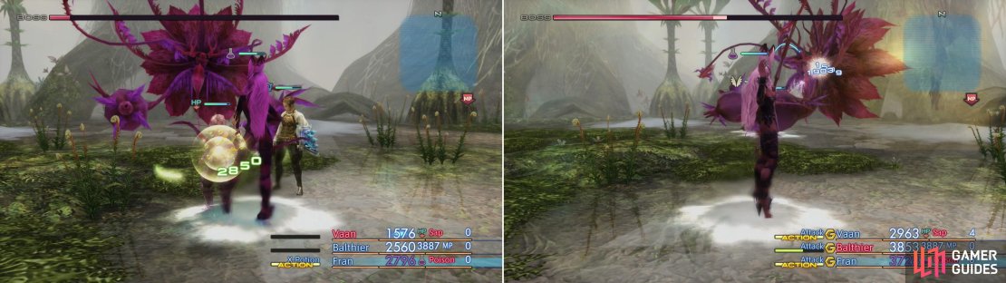 Since your MP will quickly drain, you&rsquo;ll have to substitute items for healing (left). After Silence, just keep up the pressure and Rafflesia should fall quickly enough (right).