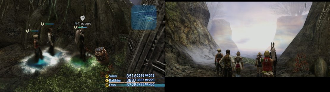 In the Antiquity&rsquo;s End area you can find a chest containing an Embroidered (left). To the south, a mist barrier blocks your way (right).
