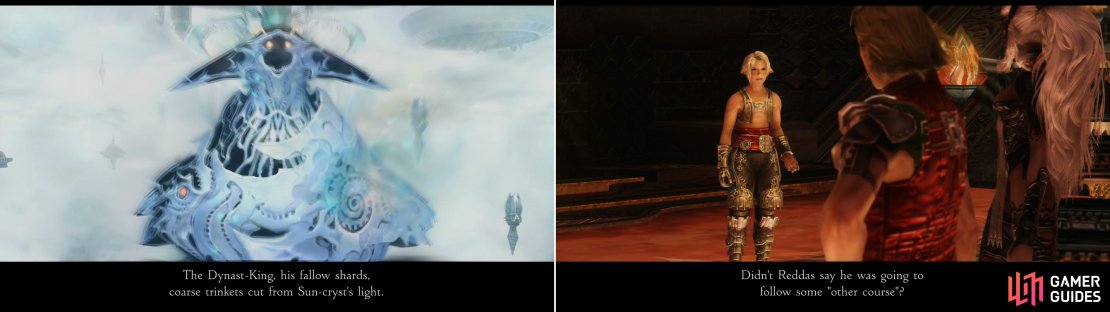 The Occuria will give Ashe a new task, however vague (left). To gain more clarity, it&rsquo;s suggested you return to Reddas, who may know more (right).