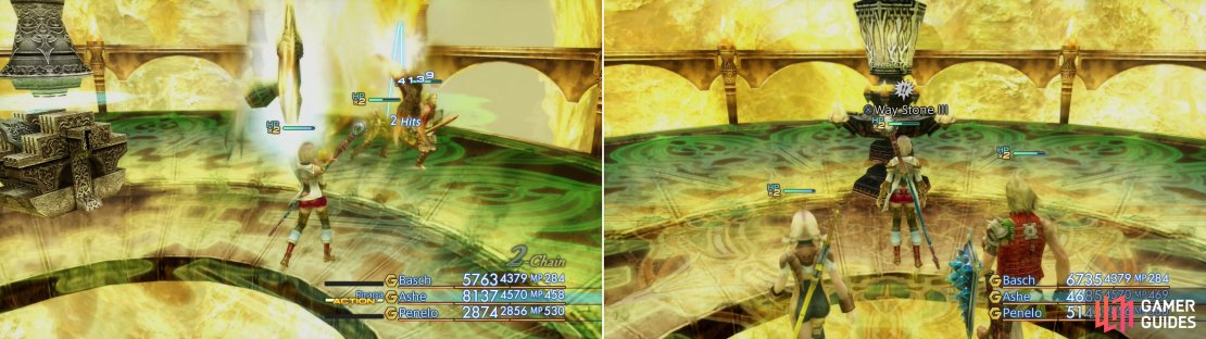 You&rsquo;ll find the Necrophobe deeper in the Great Crystal (left), your goal is to find each area&rsquo;s Way Stone and use it to advance (right).