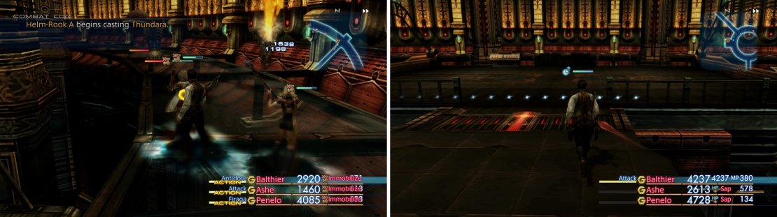 The enemies on the inner ring will endlessly respawn (left), so it&rsquo;s easiest to just head straight to the next area (right).