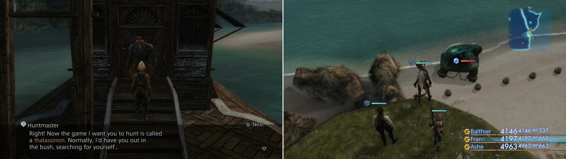 Talk to the Huntmaster on the Phon Coast and he&rsquo;ll give you a challenge (left). Head to the Vaddu Strand and wait for your target - Thalassinon - to appear (right).