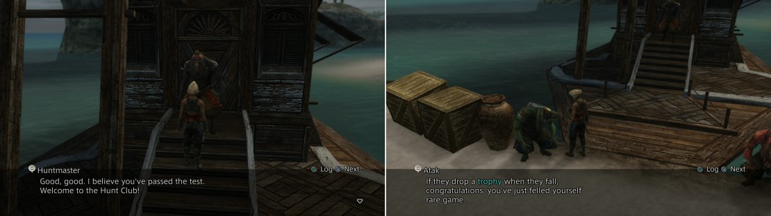 Return to the Huntmaster with your trophy and he&rsquo;ll allow you to join the Hunt Club (left), after which talk to one of the three other Bangaa to learn more about Trophy Rare Game (right).
